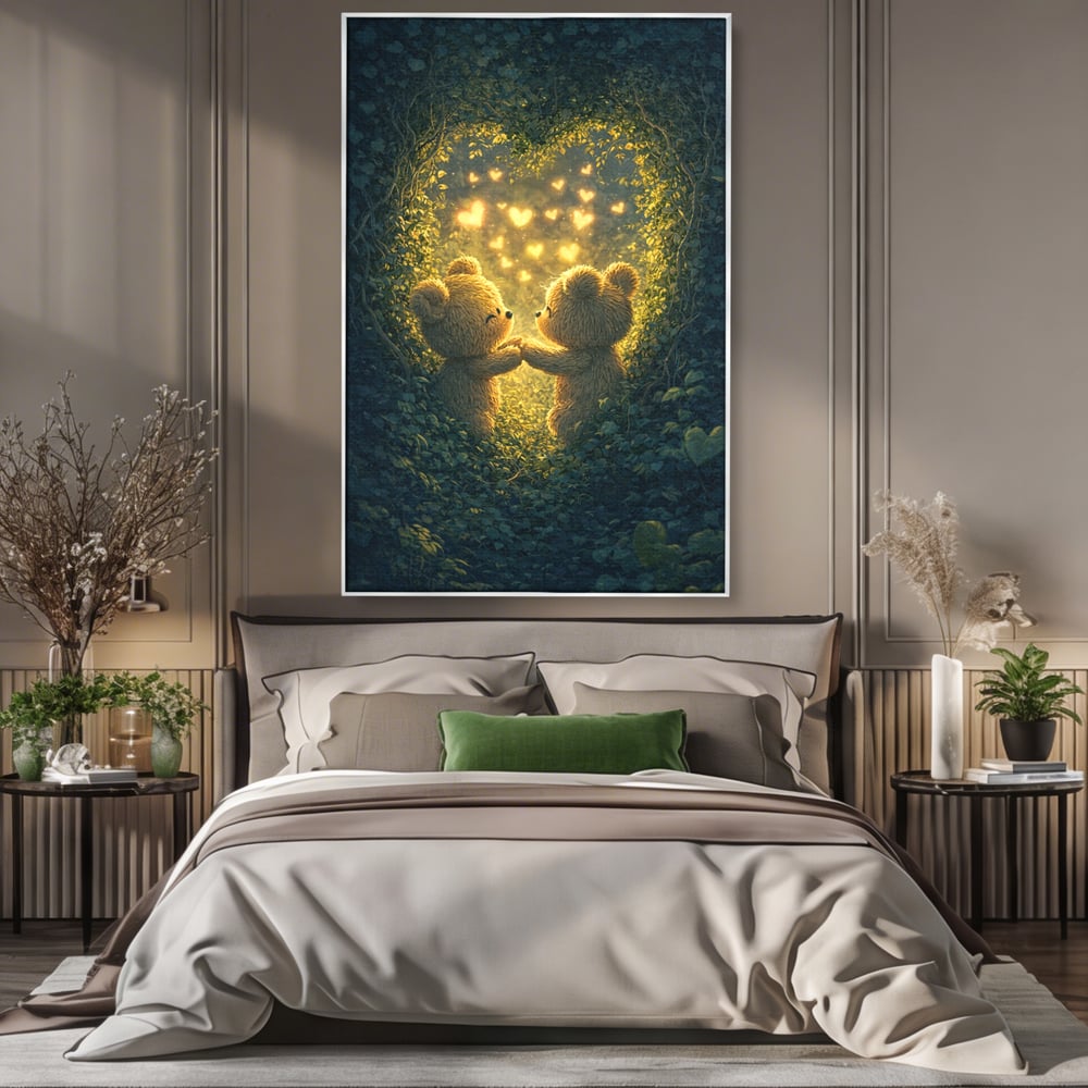 Tablou Canvas Premium, LuxCanva® E1059, Promisiunea din Padure, Dragoste, Inima, Valentine’s Day, Tandrete, Cuplu, Iubire, Ursuleti, Padure, Natura, Stralucire, Living, Dormitor