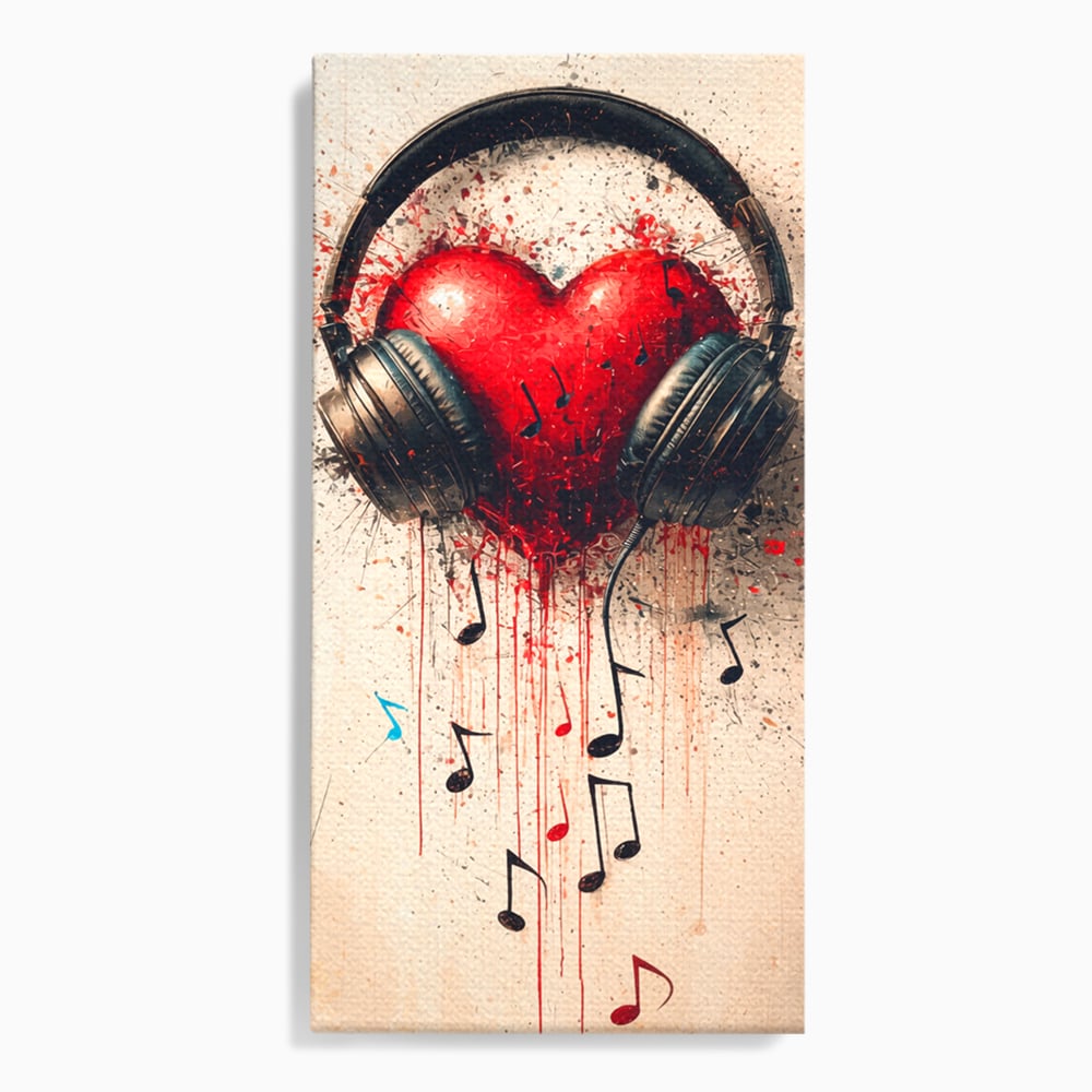 Tablou Canvas Premium, LuxCanva® E1061, Cand Muzica Devine Inima, Dragoste, Inima, Iubire, Melodie, Casti, Vibratie, Emotie, Sunet, Batai, Cantaret, Acorduri, Ritm, Living, Dormitor