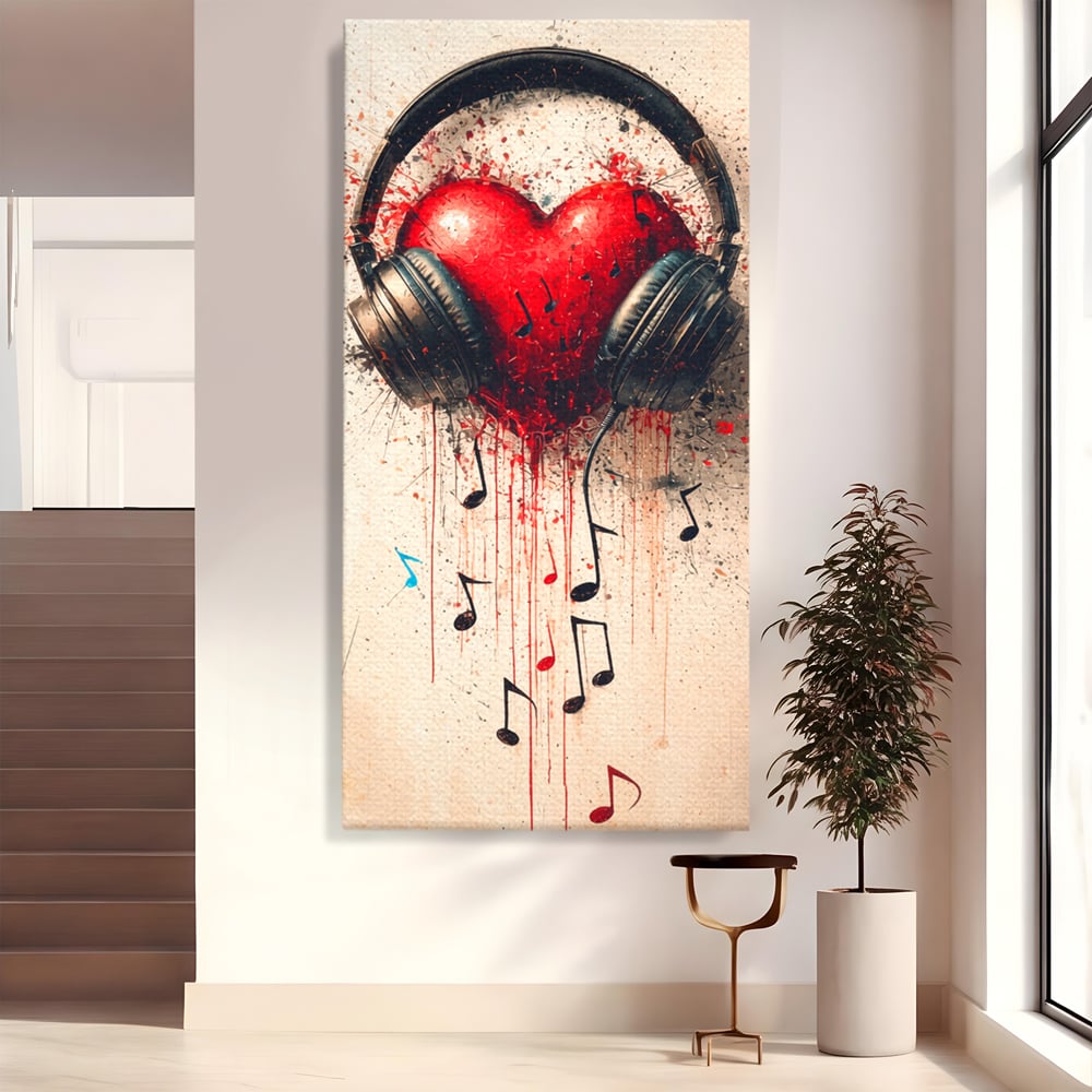 Tablou Canvas Premium, LuxCanva® E1061, Cand Muzica Devine Inima, Dragoste, Inima, Iubire, Melodie, Casti, Vibratie, Emotie, Sunet, Batai, Cantaret, Acorduri, Ritm, Living, Dormitor