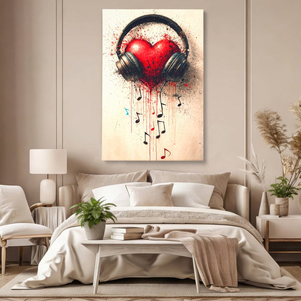 Tablou Canvas Premium, LuxCanva® E1061, Cand Muzica Devine Inima, Dragoste, Inima, Iubire, Melodie, Casti, Vibratie, Emotie, Sunet, Batai, Cantaret, Acorduri, Ritm, Living, Dormitor