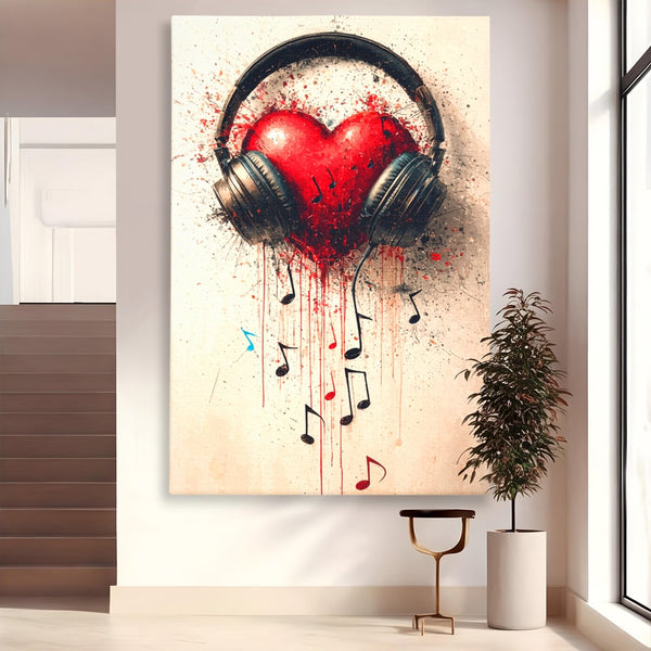 Tablou Canvas Premium, LuxCanva® E1061, Cand Muzica Devine Inima, Dragoste, Inima, Iubire, Melodie, Casti, Vibratie, Emotie, Sunet, Batai, Cantaret, Acorduri, Ritm, Living, Dormitor
