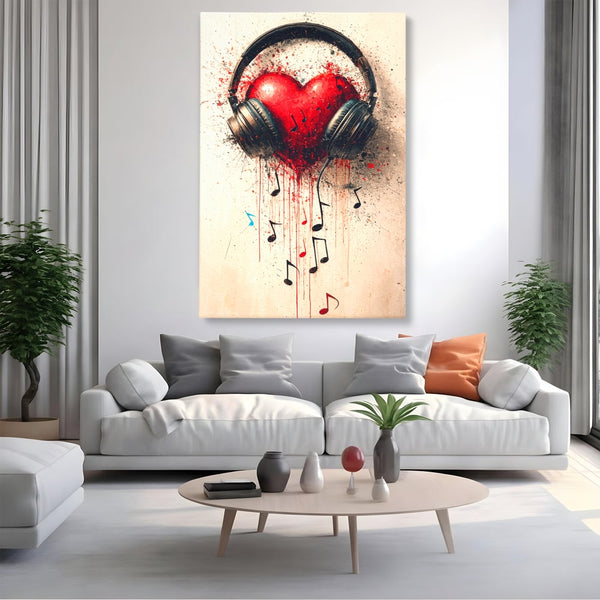 Tablou Canvas Premium, LuxCanva® E1061, Cand Muzica Devine Inima, Dragoste, Inima, Iubire, Melodie, Casti, Vibratie, Emotie, Sunet, Batai, Cantaret, Acorduri, Ritm, Living, Dormitor