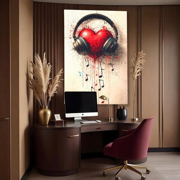 Tablou Canvas Premium, LuxCanva® E1061, Cand Muzica Devine Inima, Dragoste, Inima, Iubire, Melodie, Casti, Vibratie, Emotie, Sunet, Batai, Cantaret, Acorduri, Ritm, Living, Dormitor