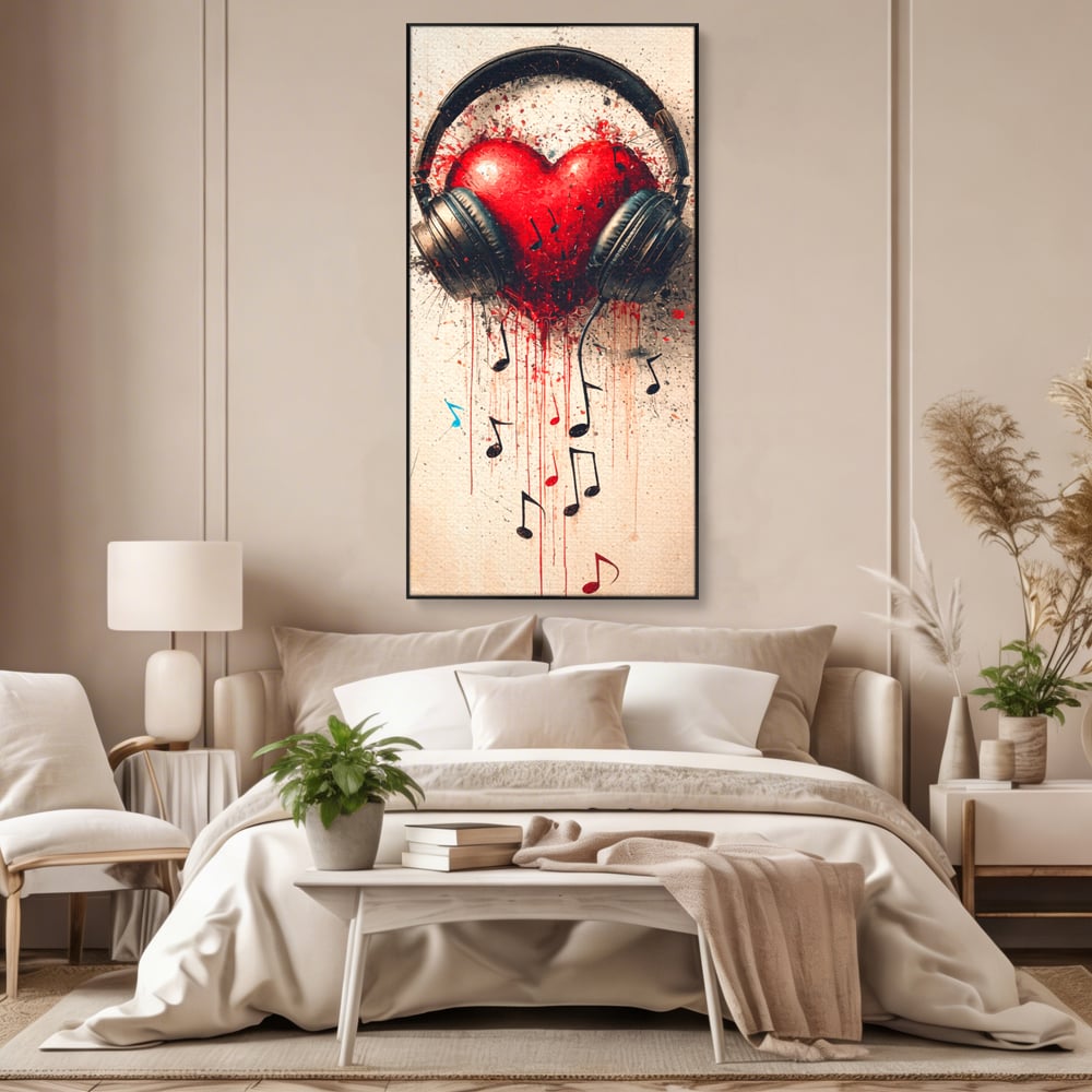 Tablou Canvas Premium, LuxCanva® E1061, Cand Muzica Devine Inima, Dragoste, Inima, Iubire, Melodie, Casti, Vibratie, Emotie, Sunet, Batai, Cantaret, Acorduri, Ritm, Living, Dormitor
