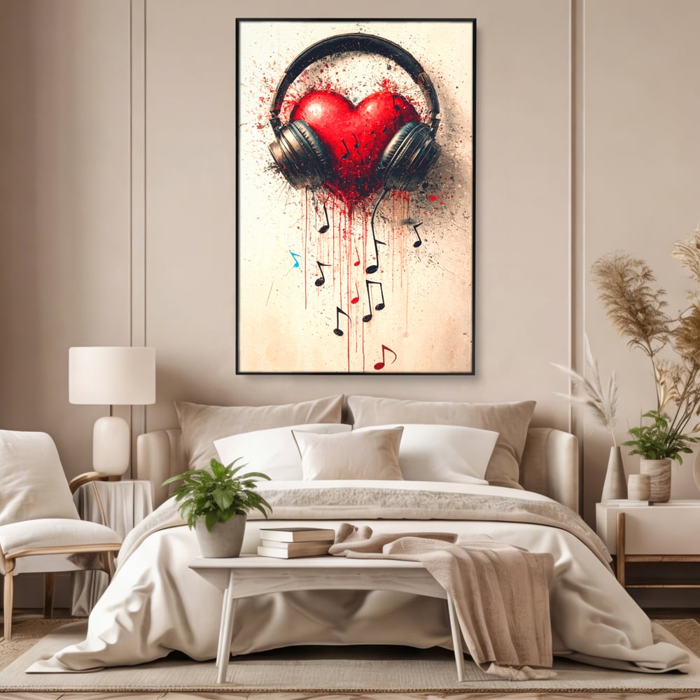 Tablou Canvas Premium, LuxCanva® E1061, Cand Muzica Devine Inima, Dragoste, Inima, Iubire, Melodie, Casti, Vibratie, Emotie, Sunet, Batai, Cantaret, Acorduri, Ritm, Living, Dormitor