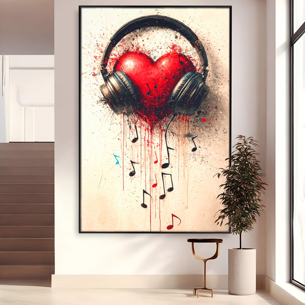Tablou Canvas Premium, LuxCanva® E1061, Cand Muzica Devine Inima, Dragoste, Inima, Iubire, Melodie, Casti, Vibratie, Emotie, Sunet, Batai, Cantaret, Acorduri, Ritm, Living, Dormitor