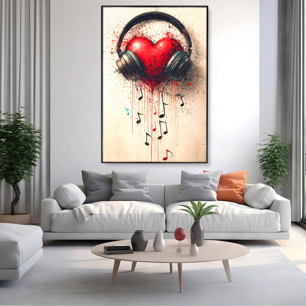 Tablou Canvas Premium, LuxCanva® E1061, Cand Muzica Devine Inima, Dragoste, Inima, Iubire, Melodie, Casti, Vibratie, Emotie, Sunet, Batai, Cantaret, Acorduri, Ritm, Living, Dormitor