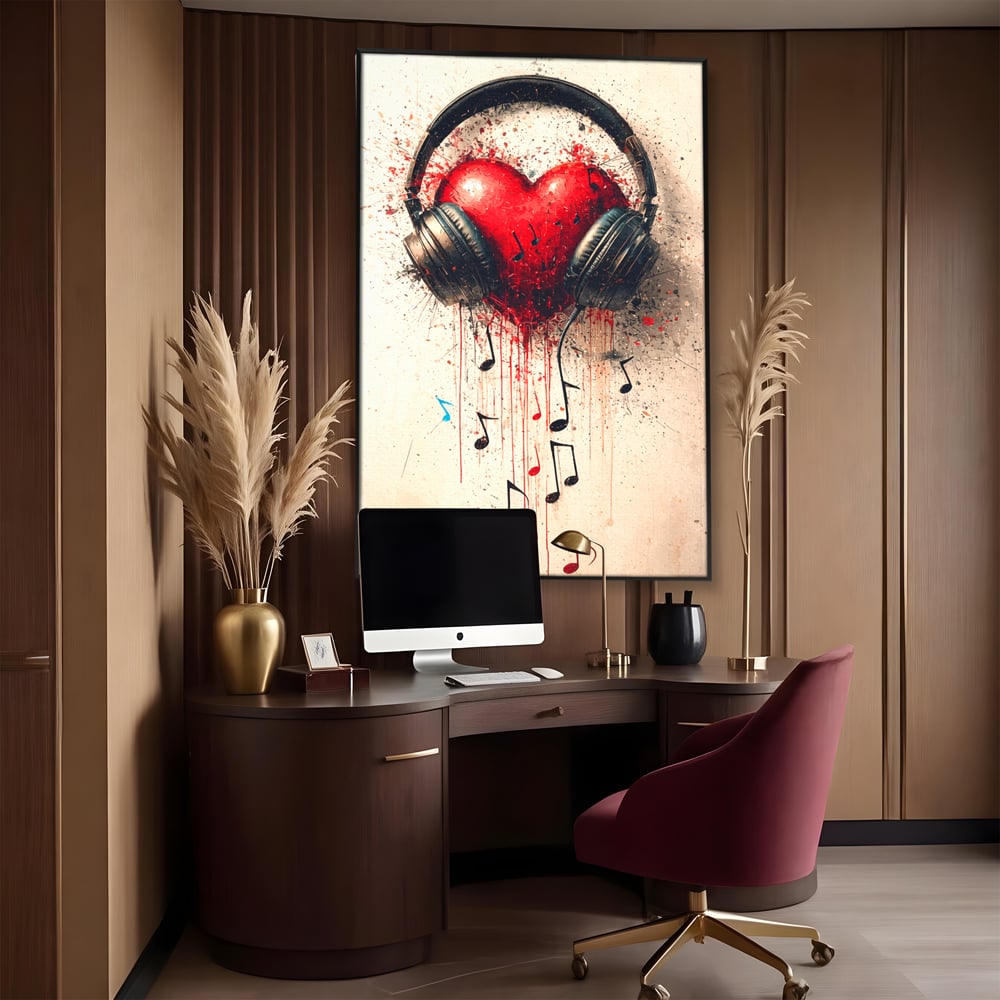 Tablou Canvas Premium, LuxCanva® E1061, Cand Muzica Devine Inima, Dragoste, Inima, Iubire, Melodie, Casti, Vibratie, Emotie, Sunet, Batai, Cantaret, Acorduri, Ritm, Living, Dormitor