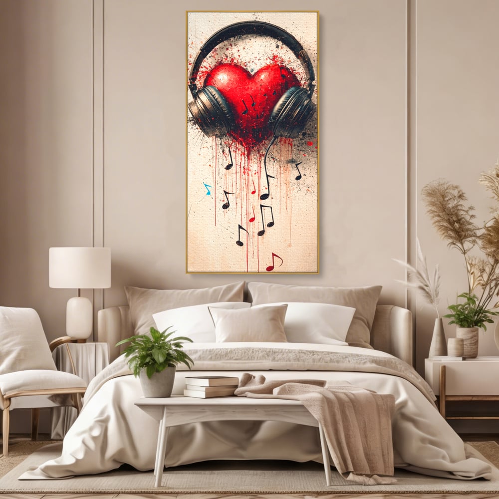 Tablou Canvas Premium, LuxCanva® E1061, Cand Muzica Devine Inima, Dragoste, Inima, Iubire, Melodie, Casti, Vibratie, Emotie, Sunet, Batai, Cantaret, Acorduri, Ritm, Living, Dormitor