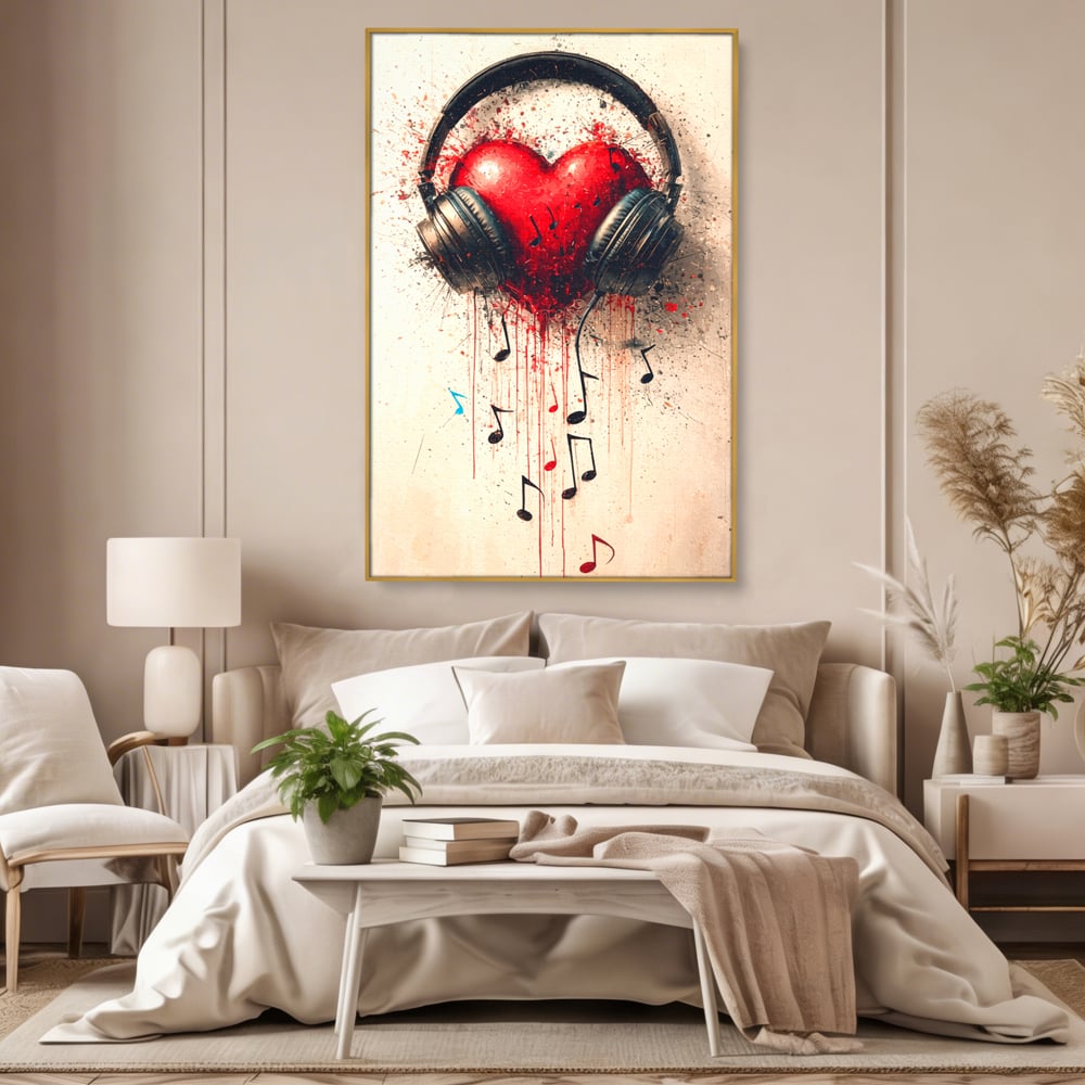 Tablou Canvas Premium, LuxCanva® E1061, Cand Muzica Devine Inima, Dragoste, Inima, Iubire, Melodie, Casti, Vibratie, Emotie, Sunet, Batai, Cantaret, Acorduri, Ritm, Living, Dormitor