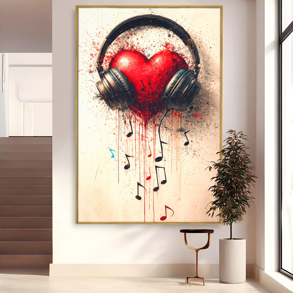Tablou Canvas Premium, LuxCanva® E1061, Cand Muzica Devine Inima, Dragoste, Inima, Iubire, Melodie, Casti, Vibratie, Emotie, Sunet, Batai, Cantaret, Acorduri, Ritm, Living, Dormitor