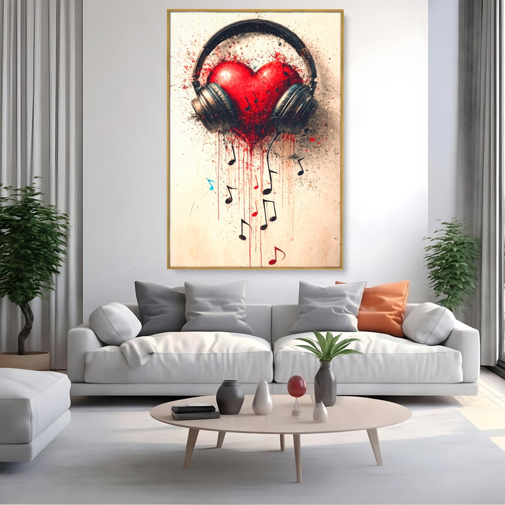 Tablou Canvas Premium, LuxCanva® E1061, Cand Muzica Devine Inima, Dragoste, Inima, Iubire, Melodie, Casti, Vibratie, Emotie, Sunet, Batai, Cantaret, Acorduri, Ritm, Living, Dormitor
