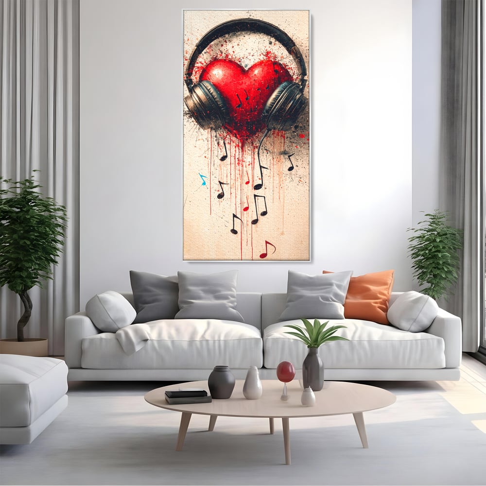 Tablou Canvas Premium, LuxCanva® E1061, Cand Muzica Devine Inima, Dragoste, Inima, Iubire, Melodie, Casti, Vibratie, Emotie, Sunet, Batai, Cantaret, Acorduri, Ritm, Living, Dormitor