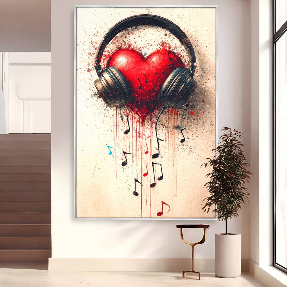 Tablou Canvas Premium, LuxCanva® E1061, Cand Muzica Devine Inima, Dragoste, Inima, Iubire, Melodie, Casti, Vibratie, Emotie, Sunet, Batai, Cantaret, Acorduri, Ritm, Living, Dormitor