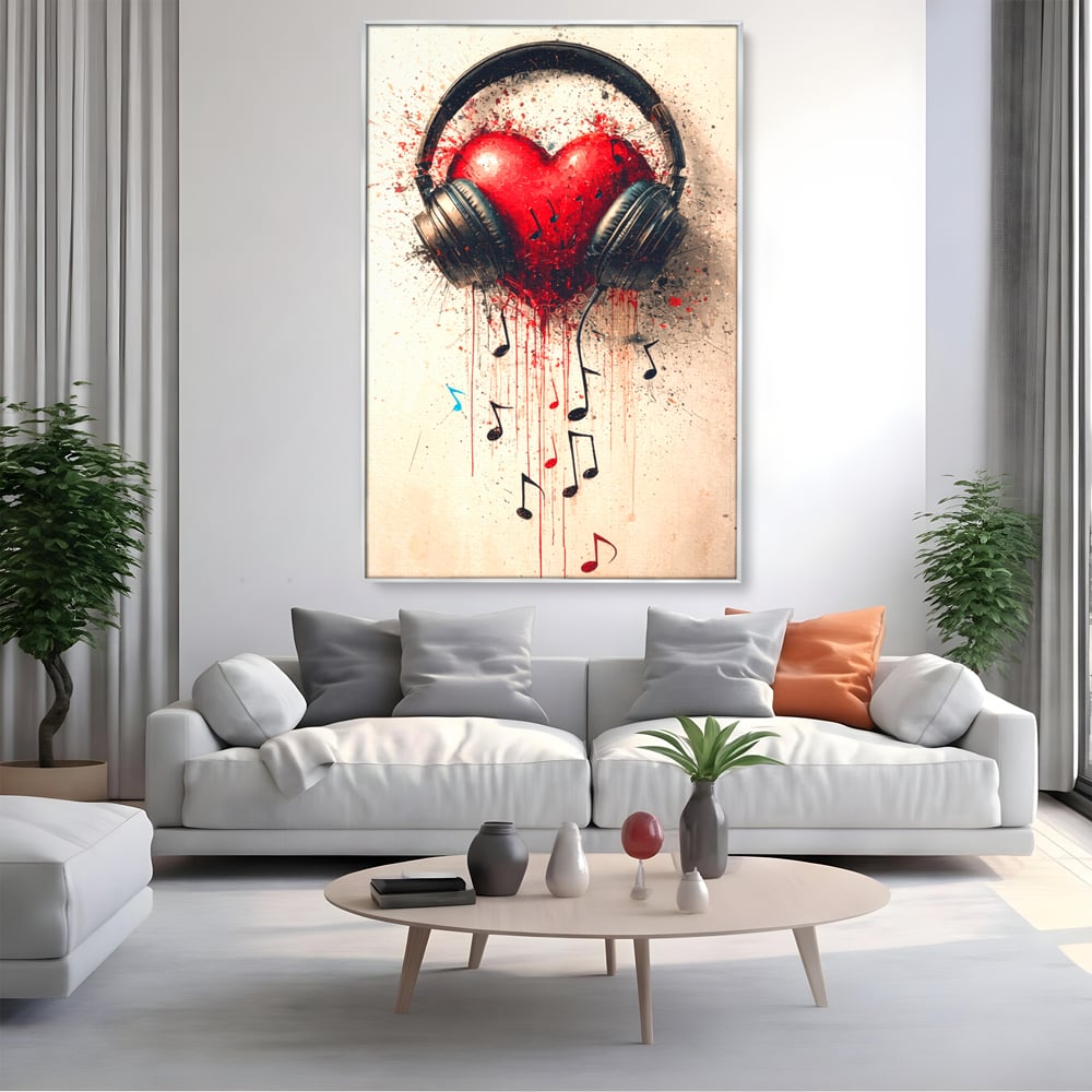 Tablou Canvas Premium, LuxCanva® E1061, Cand Muzica Devine Inima, Dragoste, Inima, Iubire, Melodie, Casti, Vibratie, Emotie, Sunet, Batai, Cantaret, Acorduri, Ritm, Living, Dormitor