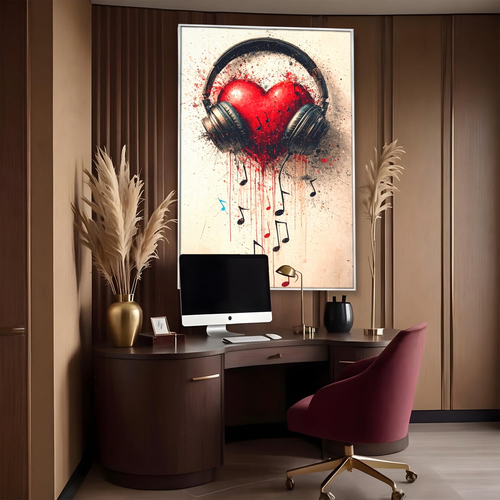 Tablou Canvas Premium, LuxCanva® E1061, Cand Muzica Devine Inima, Dragoste, Inima, Iubire, Melodie, Casti, Vibratie, Emotie, Sunet, Batai, Cantaret, Acorduri, Ritm, Living, Dormitor