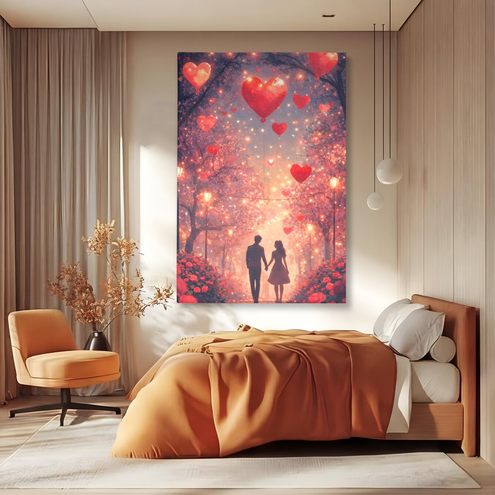 Tablou Canvas Premium, LuxCanva® E1063, Aleea Inimilor Aprinse, Dragoste, Inima, Iubire, Plimbare, Indragostiti, Cuplu, Alee, Parc, Noapte, Feeric, Romantism, Arta, Living, Dormitor
