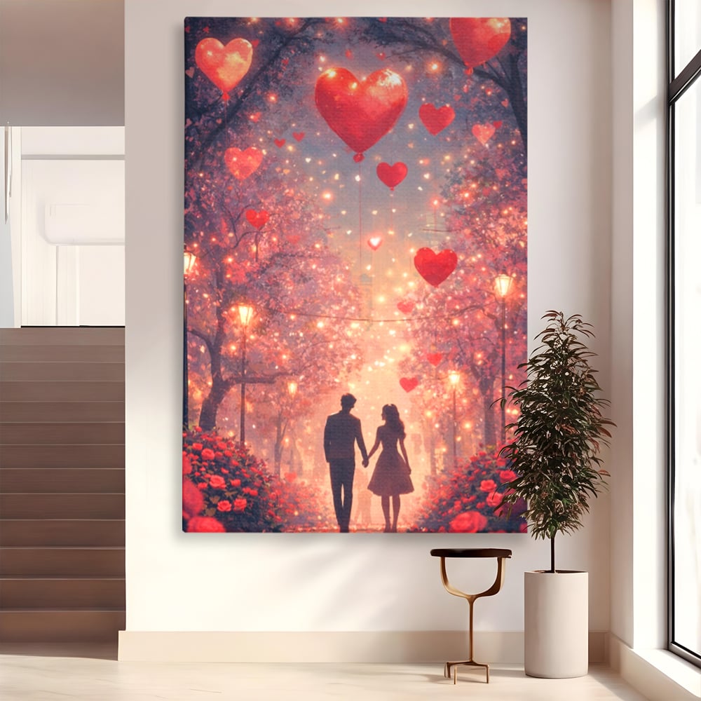 Tablou Canvas Premium, LuxCanva® E1063, Aleea Inimilor Aprinse, Dragoste, Inima, Iubire, Plimbare, Indragostiti, Cuplu, Alee, Parc, Noapte, Feeric, Romantism, Arta, Living, Dormitor
