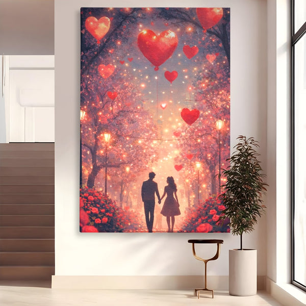 Tablou Canvas Premium, LuxCanva® E1063, Aleea Inimilor Aprinse, Dragoste, Inima, Iubire, Plimbare, Indragostiti, Cuplu, Alee, Parc, Noapte, Feeric, Romantism, Arta, Living, Dormitor