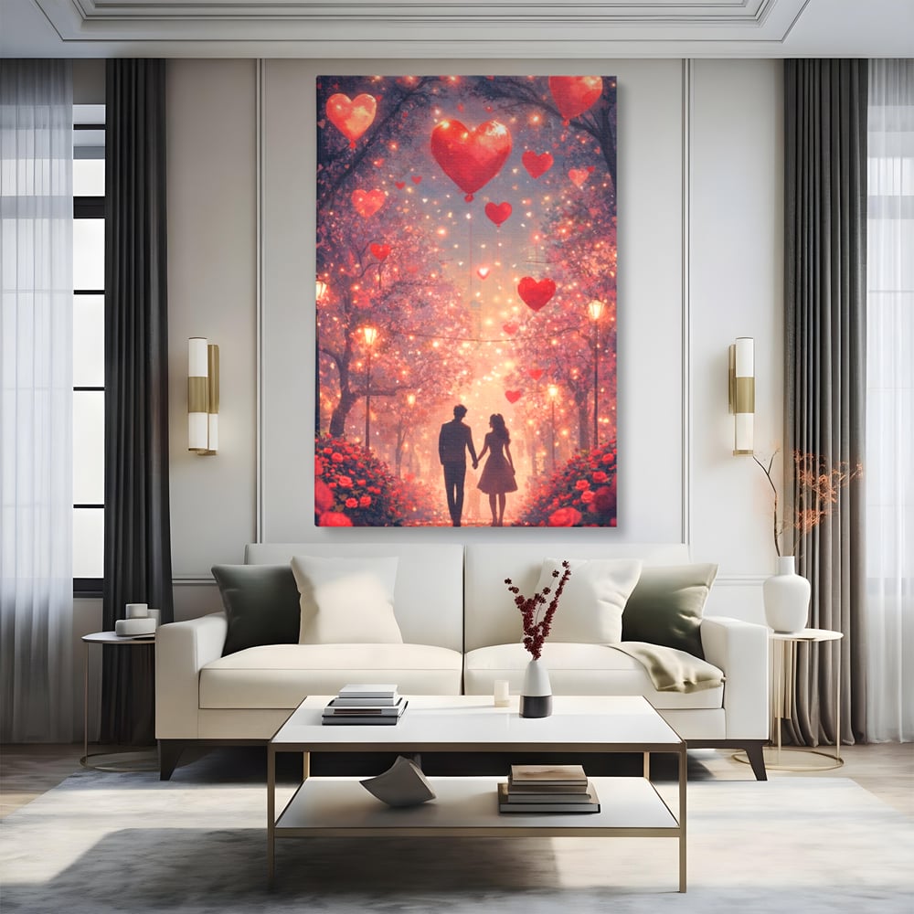Tablou Canvas Premium, LuxCanva® E1063, Aleea Inimilor Aprinse, Dragoste, Inima, Iubire, Plimbare, Indragostiti, Cuplu, Alee, Parc, Noapte, Feeric, Romantism, Arta, Living, Dormitor