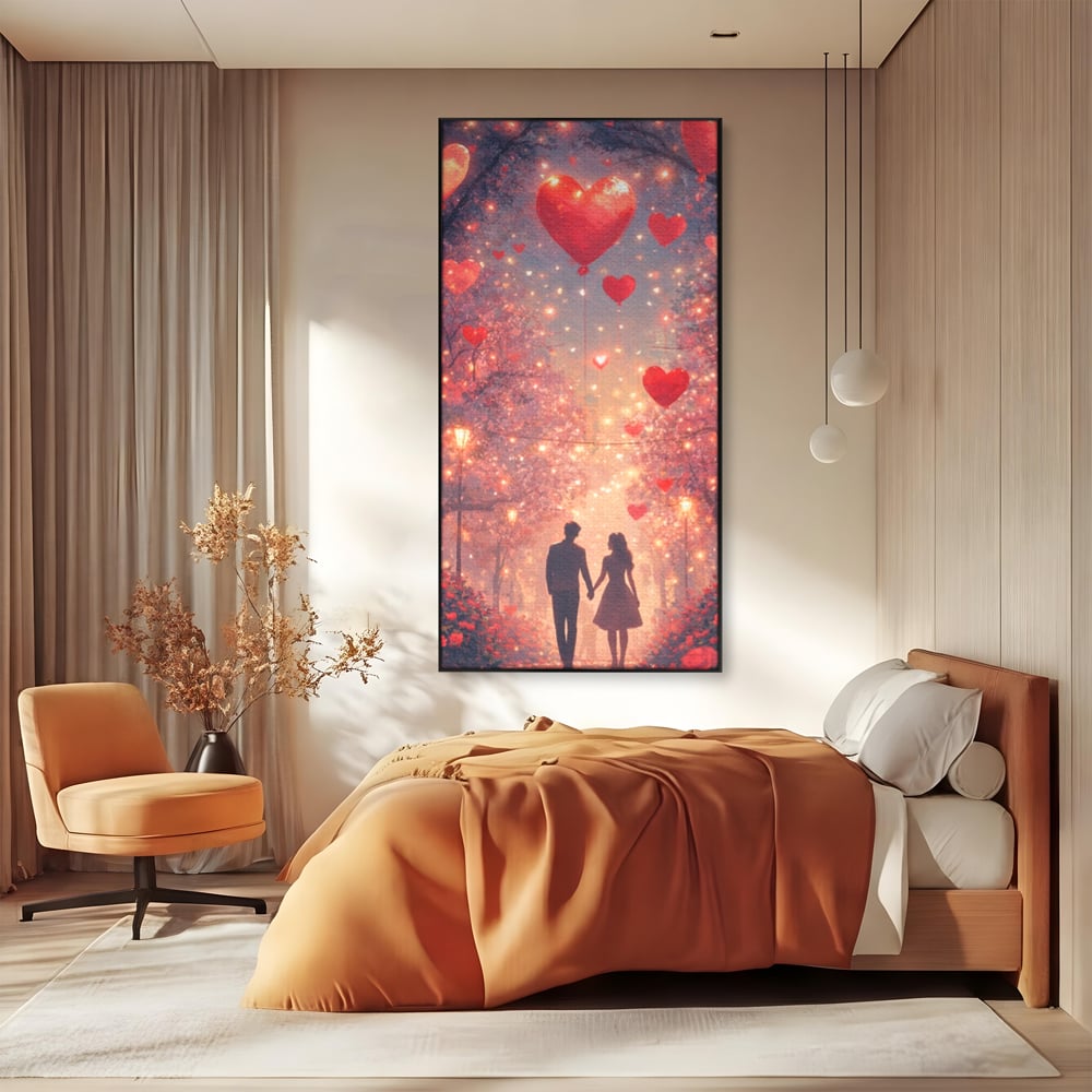 Tablou Canvas Premium, LuxCanva® E1063, Aleea Inimilor Aprinse, Dragoste, Inima, Iubire, Plimbare, Indragostiti, Cuplu, Alee, Parc, Noapte, Feeric, Romantism, Arta, Living, Dormitor
