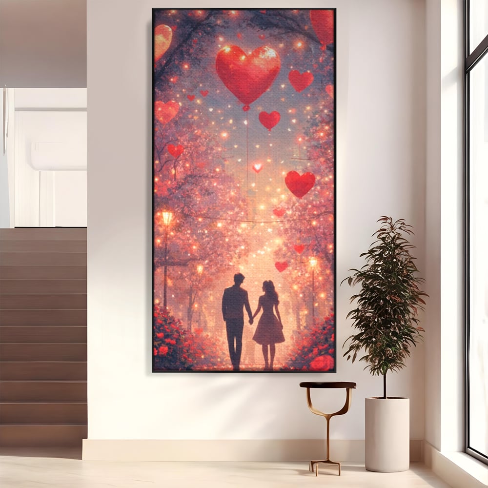 Tablou Canvas Premium, LuxCanva® E1063, Aleea Inimilor Aprinse, Dragoste, Inima, Iubire, Plimbare, Indragostiti, Cuplu, Alee, Parc, Noapte, Feeric, Romantism, Arta, Living, Dormitor