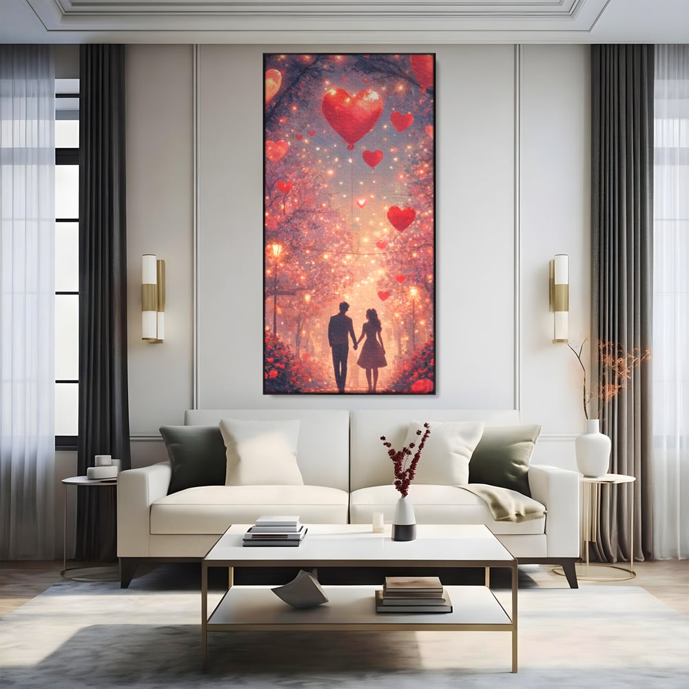 Tablou Canvas Premium, LuxCanva® E1063, Aleea Inimilor Aprinse, Dragoste, Inima, Iubire, Plimbare, Indragostiti, Cuplu, Alee, Parc, Noapte, Feeric, Romantism, Arta, Living, Dormitor