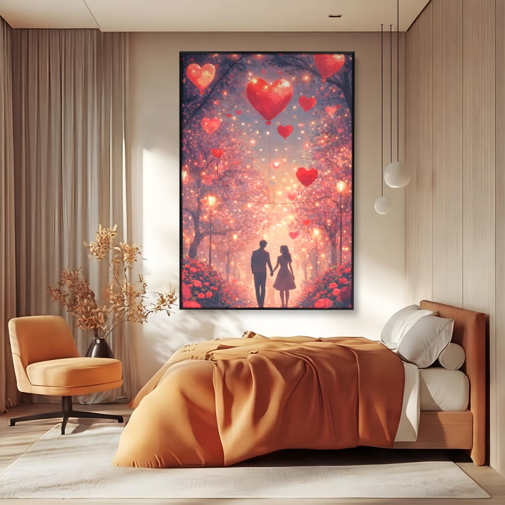 Tablou Canvas Premium, LuxCanva® E1063, Aleea Inimilor Aprinse, Dragoste, Inima, Iubire, Plimbare, Indragostiti, Cuplu, Alee, Parc, Noapte, Feeric, Romantism, Arta, Living, Dormitor