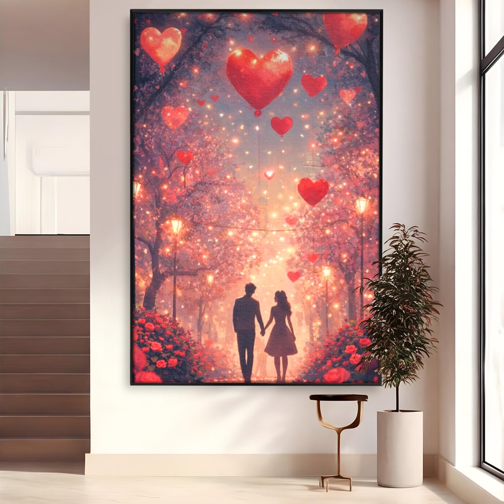 Tablou Canvas Premium, LuxCanva® E1063, Aleea Inimilor Aprinse, Dragoste, Inima, Iubire, Plimbare, Indragostiti, Cuplu, Alee, Parc, Noapte, Feeric, Romantism, Arta, Living, Dormitor