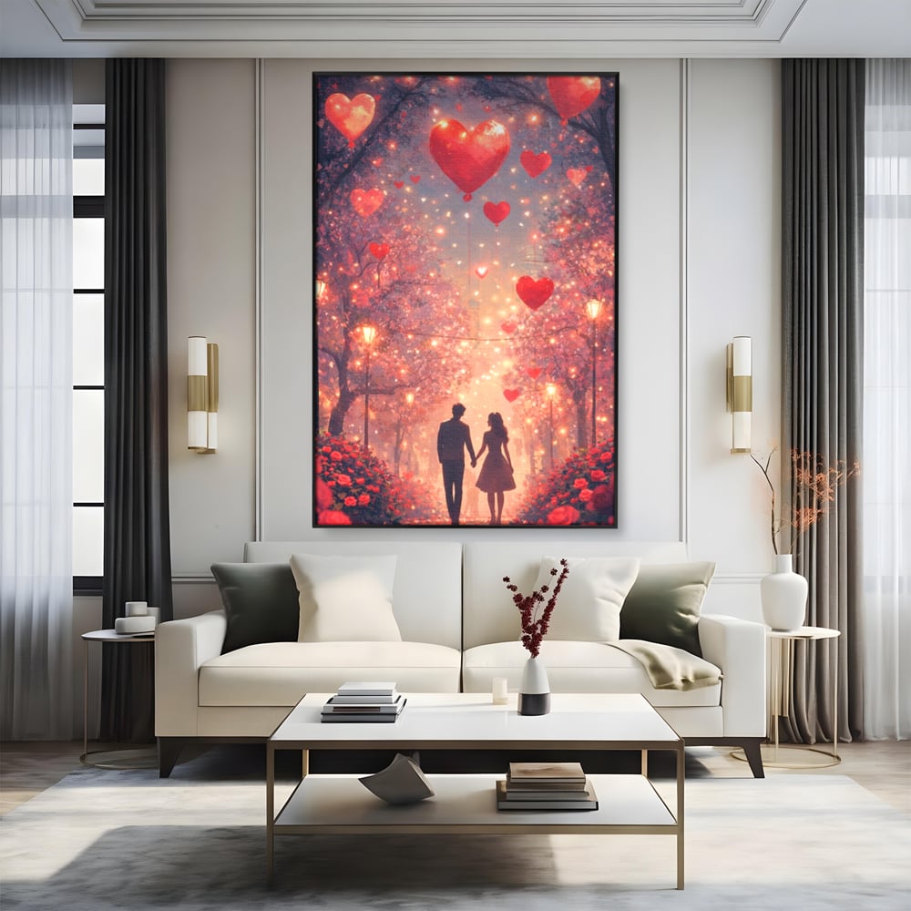 Tablou Canvas Premium, LuxCanva® E1063, Aleea Inimilor Aprinse, Dragoste, Inima, Iubire, Plimbare, Indragostiti, Cuplu, Alee, Parc, Noapte, Feeric, Romantism, Arta, Living, Dormitor