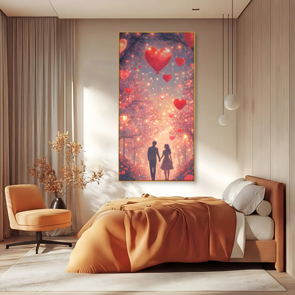 Tablou Canvas Premium, LuxCanva® E1063, Aleea Inimilor Aprinse, Dragoste, Inima, Iubire, Plimbare, Indragostiti, Cuplu, Alee, Parc, Noapte, Feeric, Romantism, Arta, Living, Dormitor