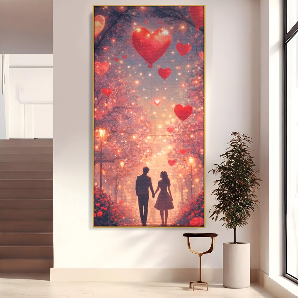 Tablou Canvas Premium, LuxCanva® E1063, Aleea Inimilor Aprinse, Dragoste, Inima, Iubire, Plimbare, Indragostiti, Cuplu, Alee, Parc, Noapte, Feeric, Romantism, Arta, Living, Dormitor