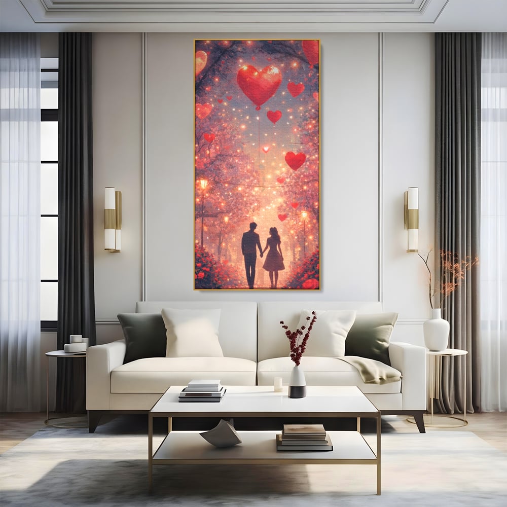 Tablou Canvas Premium, LuxCanva® E1063, Aleea Inimilor Aprinse, Dragoste, Inima, Iubire, Plimbare, Indragostiti, Cuplu, Alee, Parc, Noapte, Feeric, Romantism, Arta, Living, Dormitor
