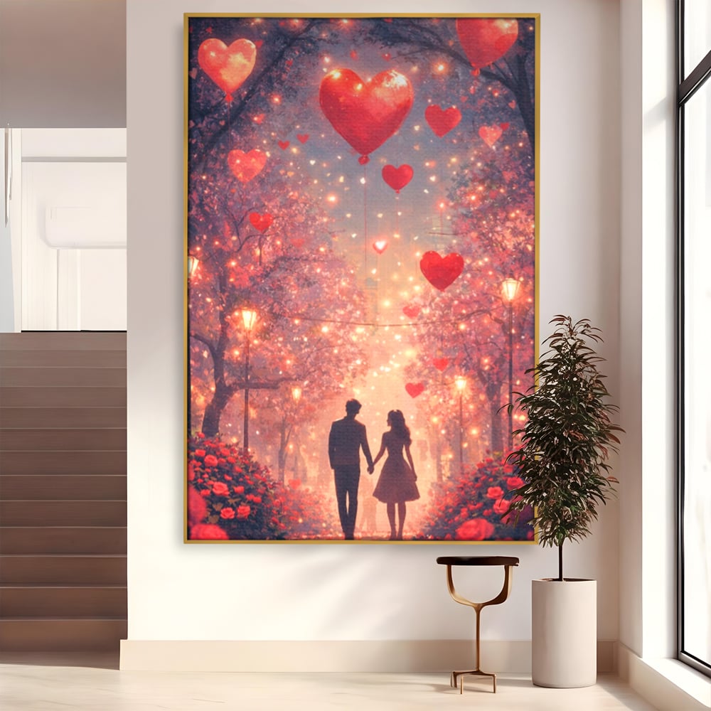 Tablou Canvas Premium, LuxCanva® E1063, Aleea Inimilor Aprinse, Dragoste, Inima, Iubire, Plimbare, Indragostiti, Cuplu, Alee, Parc, Noapte, Feeric, Romantism, Arta, Living, Dormitor