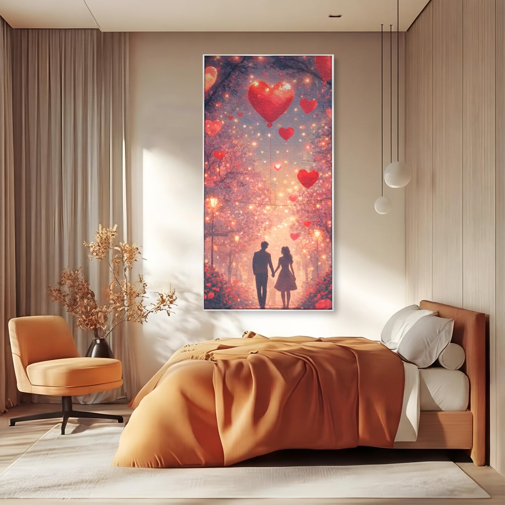 Tablou Canvas Premium, LuxCanva® E1063, Aleea Inimilor Aprinse, Dragoste, Inima, Iubire, Plimbare, Indragostiti, Cuplu, Alee, Parc, Noapte, Feeric, Romantism, Arta, Living, Dormitor