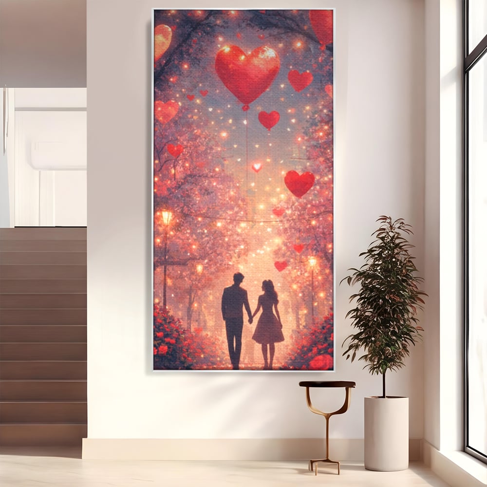 Tablou Canvas Premium, LuxCanva® E1063, Aleea Inimilor Aprinse, Dragoste, Inima, Iubire, Plimbare, Indragostiti, Cuplu, Alee, Parc, Noapte, Feeric, Romantism, Arta, Living, Dormitor