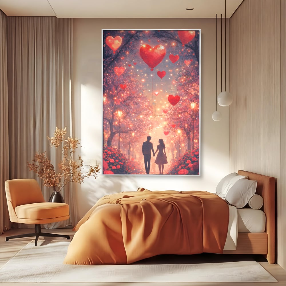 Tablou Canvas Premium, LuxCanva® E1063, Aleea Inimilor Aprinse, Dragoste, Inima, Iubire, Plimbare, Indragostiti, Cuplu, Alee, Parc, Noapte, Feeric, Romantism, Arta, Living, Dormitor