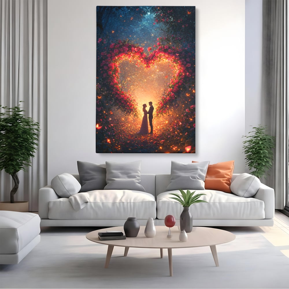 Tablou Canvas Premium, LuxCanva® E1064, Sub Coroana Iubirii, Dragoste, Inima, Iubire, Flori, Legamant, Ritual, Padure, Magie, Juramant, Logodna, Scantei, Arta, Living, Dormitor
