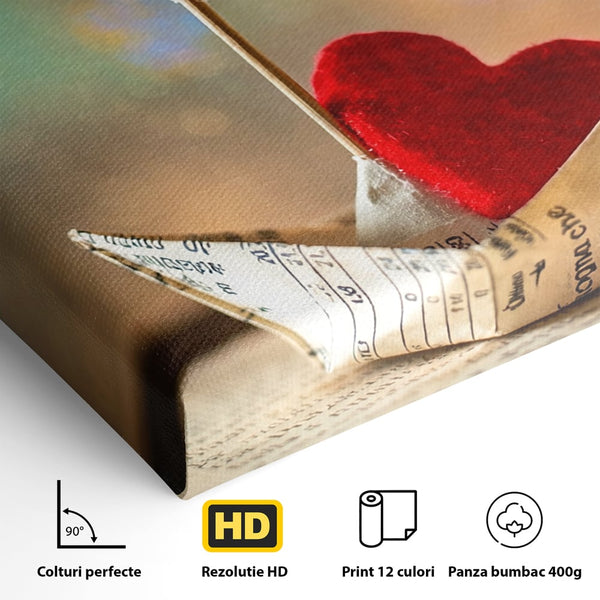 Tablou Canvas Premium, LuxCanva® E1065, Drumul Inimii, Dragoste, Inima, Iubire, Barca, Hartie, Origami, Calatorie, Destin, Steag, Barca, Mesaj, Calatorie, Arta, Living, Dormitor