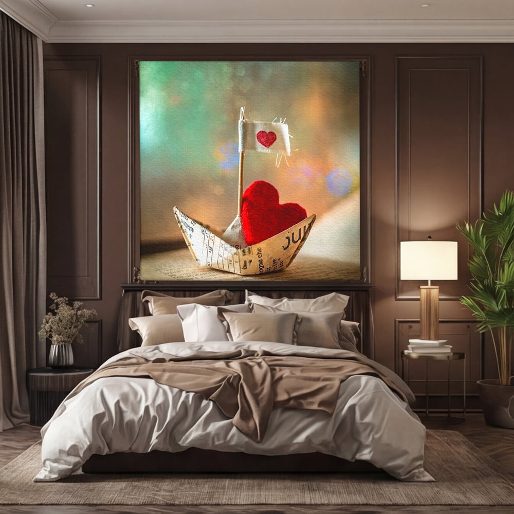 Tablou Canvas Premium, LuxCanva® E1065, Drumul Inimii, Dragoste, Inima, Iubire, Barca, Hartie, Origami, Calatorie, Destin, Steag, Barca, Mesaj, Calatorie, Arta, Living, Dormitor