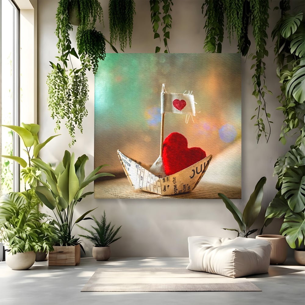 Tablou Canvas Premium, LuxCanva® E1065, Drumul Inimii, Dragoste, Inima, Iubire, Barca, Hartie, Origami, Calatorie, Destin, Steag, Barca, Mesaj, Calatorie, Arta, Living, Dormitor