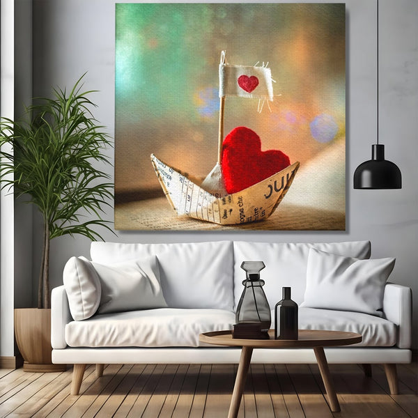 Tablou Canvas Premium, LuxCanva® E1065, Drumul Inimii, Dragoste, Inima, Iubire, Barca, Hartie, Origami, Calatorie, Destin, Steag, Barca, Mesaj, Calatorie, Arta, Living, Dormitor