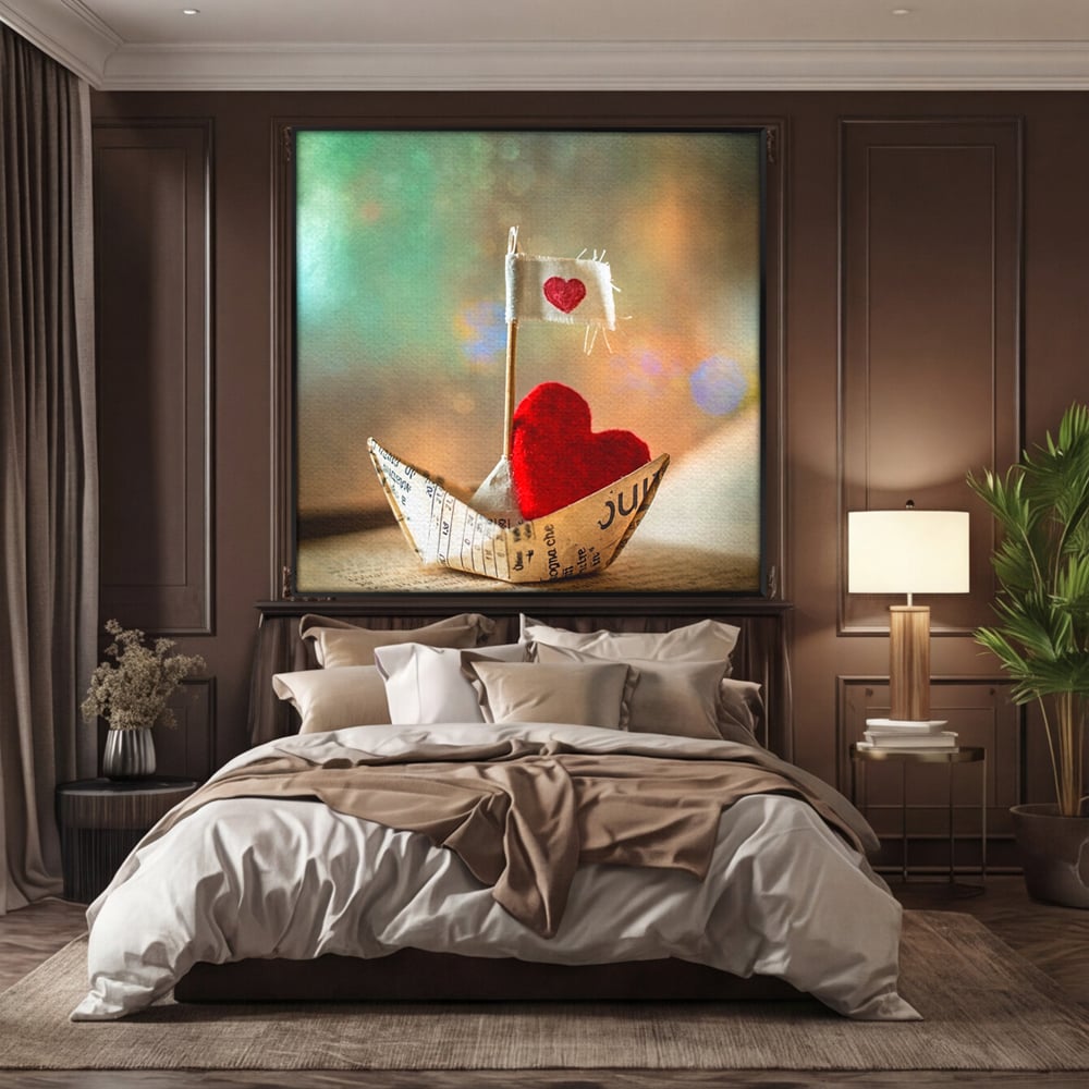Tablou Canvas Premium, LuxCanva® E1065, Drumul Inimii, Dragoste, Inima, Iubire, Barca, Hartie, Origami, Calatorie, Destin, Steag, Barca, Mesaj, Calatorie, Arta, Living, Dormitor