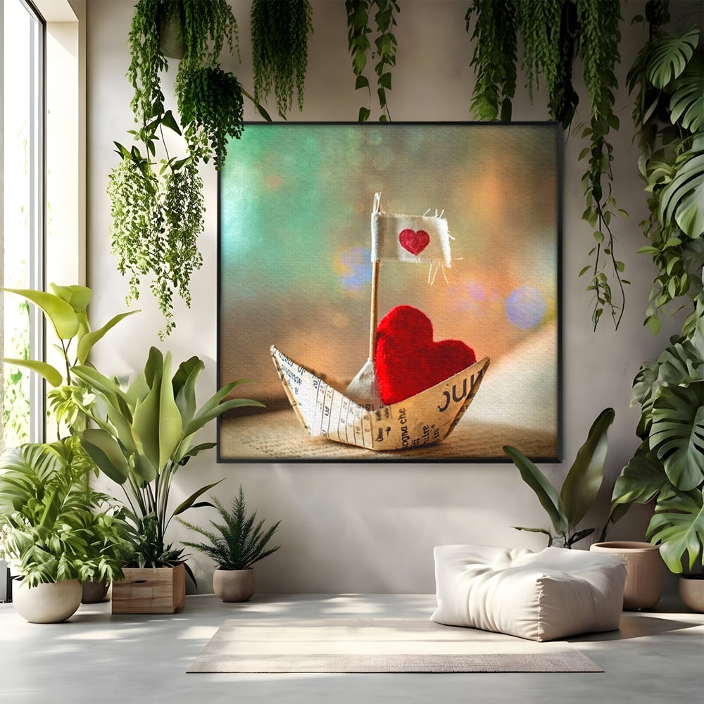 Tablou Canvas Premium, LuxCanva® E1065, Drumul Inimii, Dragoste, Inima, Iubire, Barca, Hartie, Origami, Calatorie, Destin, Steag, Barca, Mesaj, Calatorie, Arta, Living, Dormitor