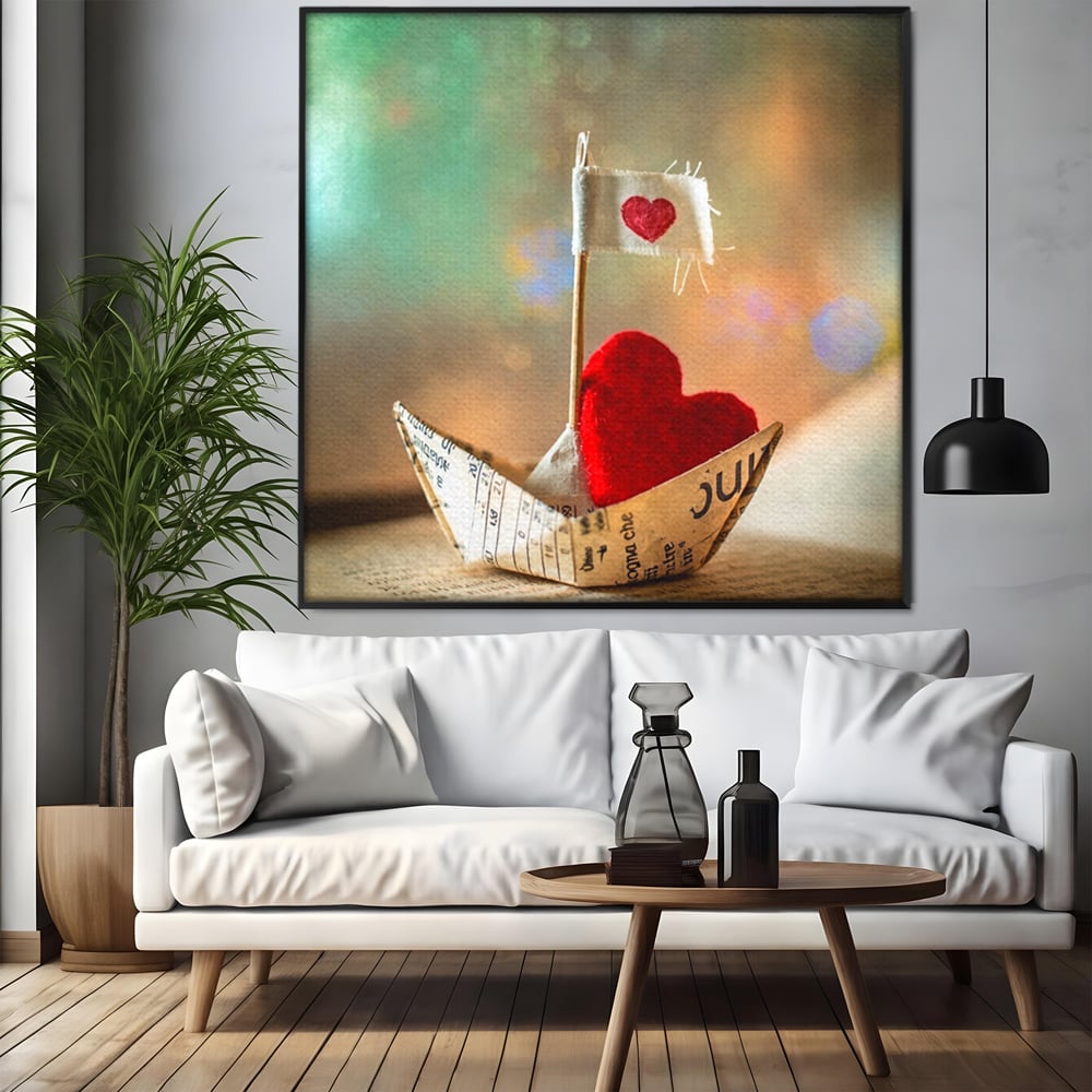 Tablou Canvas Premium, LuxCanva® E1065, Drumul Inimii, Dragoste, Inima, Iubire, Barca, Hartie, Origami, Calatorie, Destin, Steag, Barca, Mesaj, Calatorie, Arta, Living, Dormitor