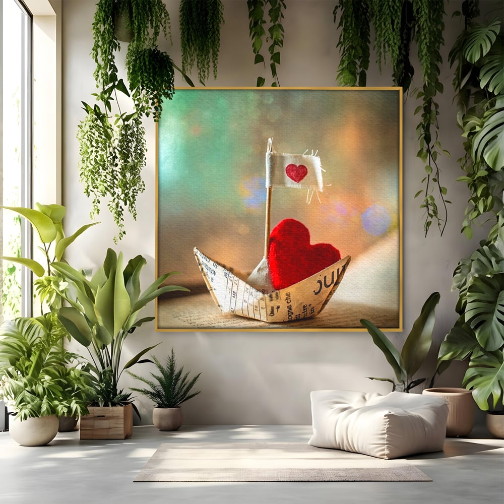 Tablou Canvas Premium, LuxCanva® E1065, Drumul Inimii, Dragoste, Inima, Iubire, Barca, Hartie, Origami, Calatorie, Destin, Steag, Barca, Mesaj, Calatorie, Arta, Living, Dormitor