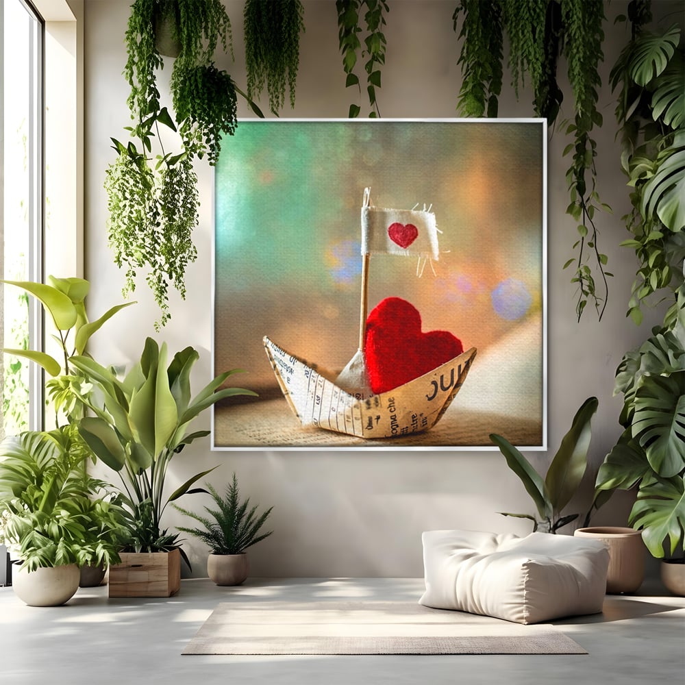 Tablou Canvas Premium, LuxCanva® E1065, Drumul Inimii, Dragoste, Inima, Iubire, Barca, Hartie, Origami, Calatorie, Destin, Steag, Barca, Mesaj, Calatorie, Arta, Living, Dormitor