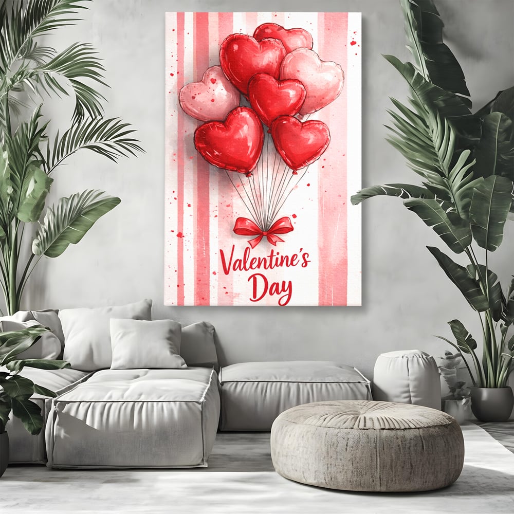 Tablou Canvas Premium, LuxCanva® E1069, Inimi pentru Valentine’s Day, Dragoste, Eternitate, Baloane, Inima, Rosu, Declaratie, Plutire, Aer, Cadou, Emotie, Daruire, Cuplu, Living, Dormitor