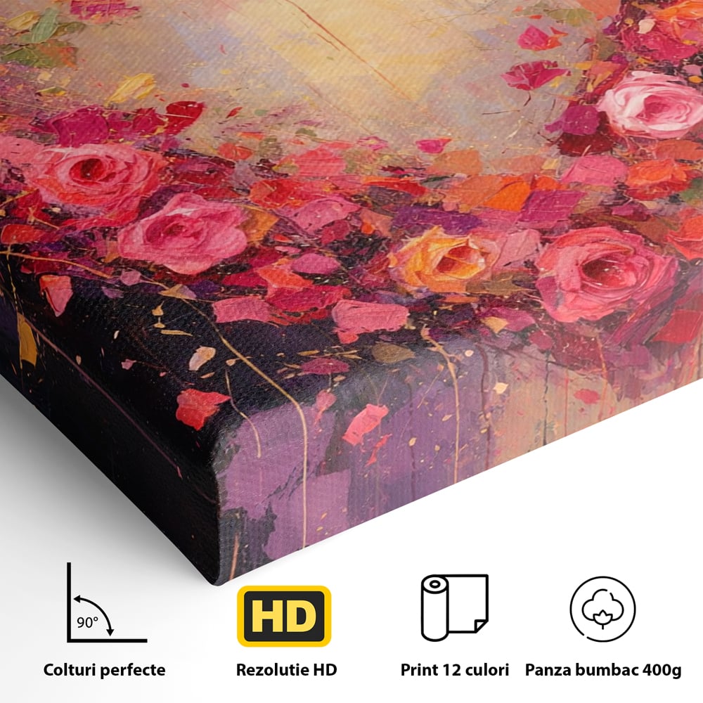 Tablou Canvas Premium, LuxCanva® E1070, Cand Iubirea Infloreste, Dragoste, Inima, Trandafiri, Puls, Dragoste, Flori, Gradina, Eden, Petale, Suflet, Rosu, Roz, Emotie, Living, Dormitor