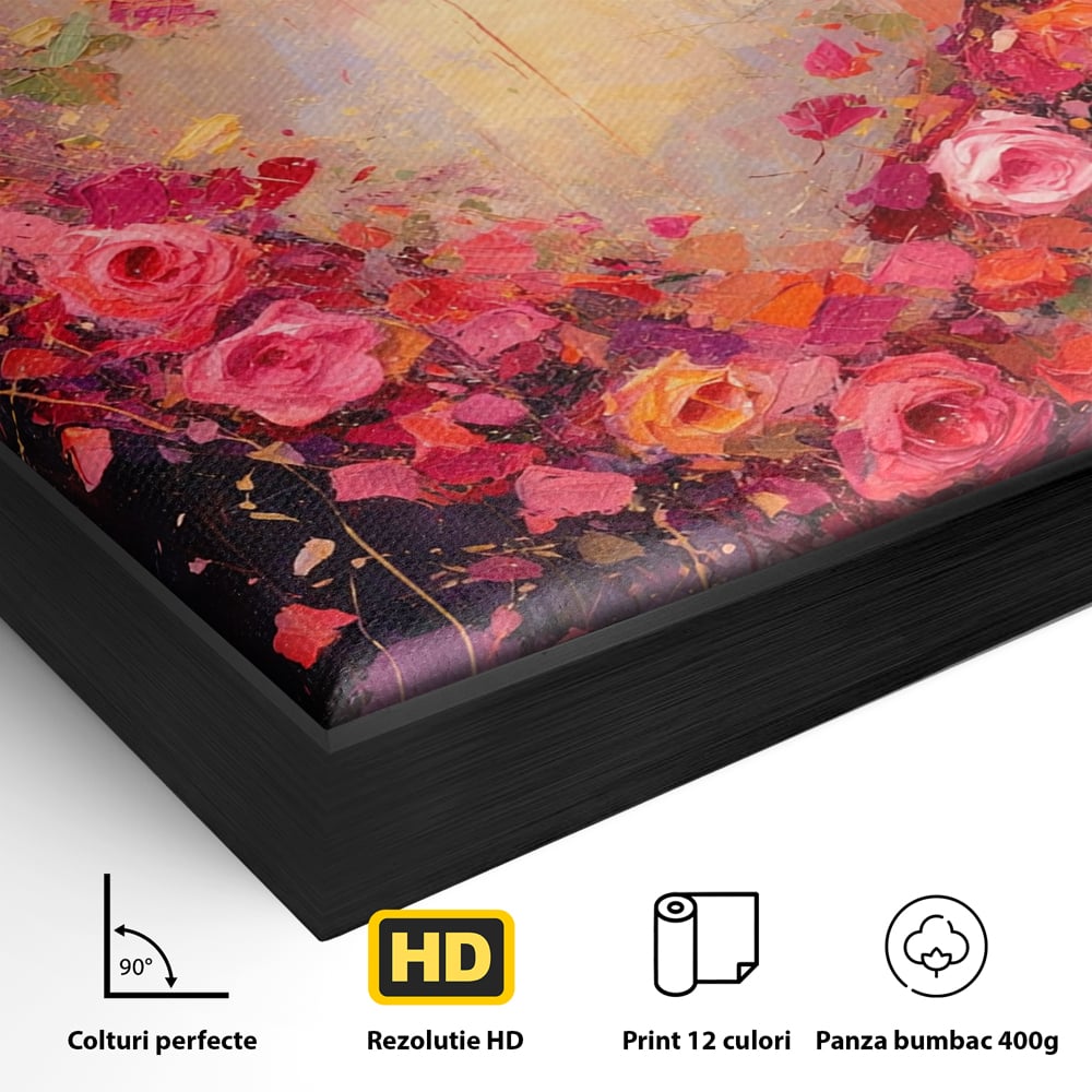 Tablou Canvas Premium, LuxCanva® E1070, Cand Iubirea Infloreste, Dragoste, Inima, Trandafiri, Puls, Dragoste, Flori, Gradina, Eden, Petale, Suflet, Rosu, Roz, Emotie, Living, Dormitor